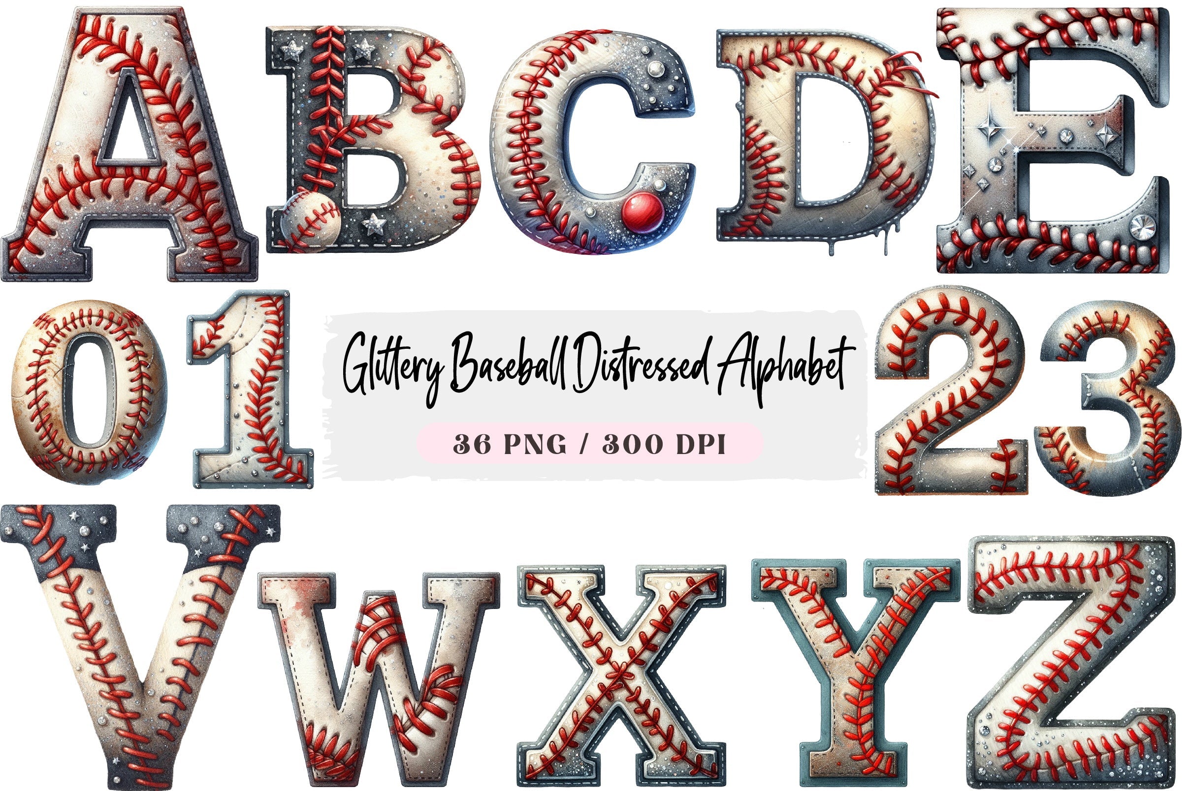 Glittery Baseball Distressed Alphabet Clipart Bundle