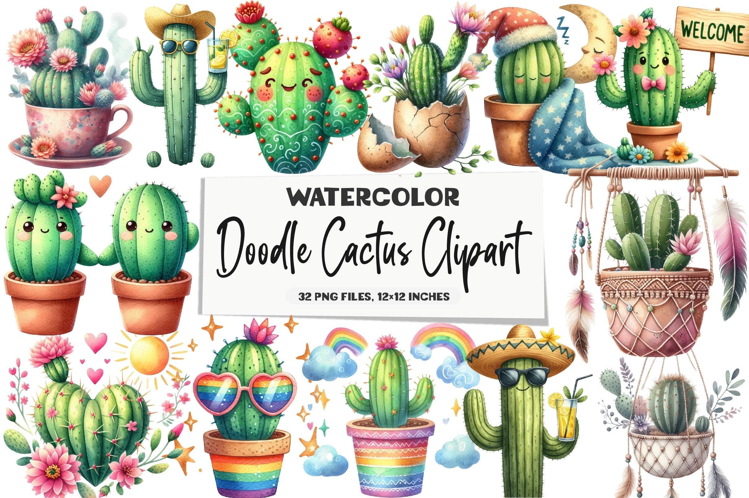 Doodle Cactus Clipart Bundle