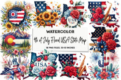 4th of July Floral USA State Map Clipart Bundle - CraftNest - Digital Crafting and Art