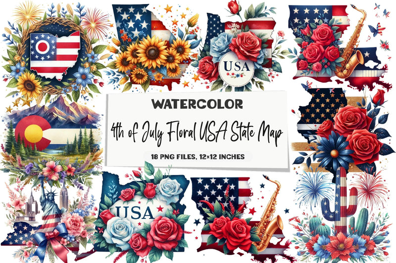 4th of July Floral USA State Map Clipart Bundle - CraftNest - Digital Crafting and Art