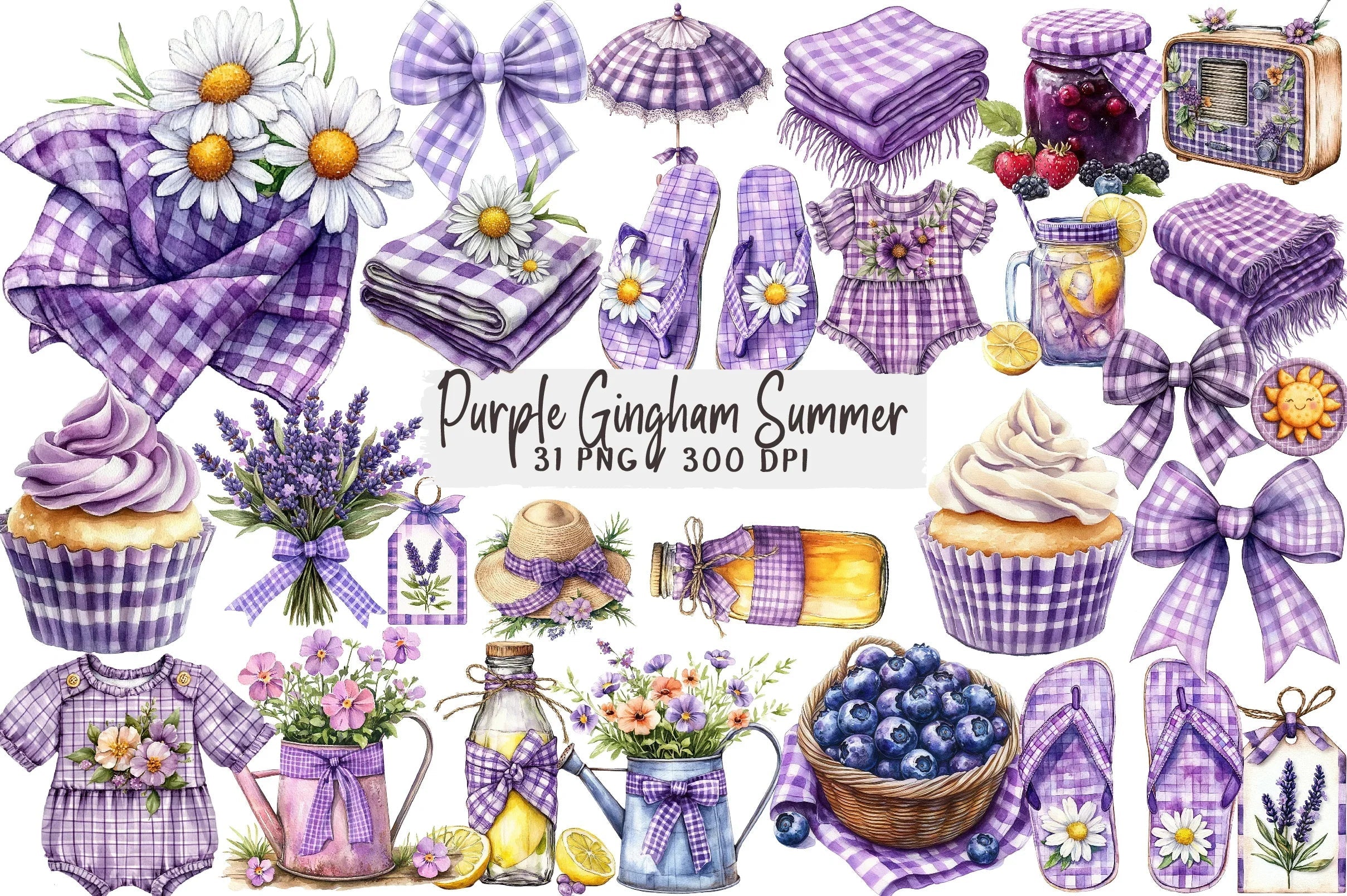Purple Gingham Summer Clipart Bundle - CraftNest - Digital Crafting and Art