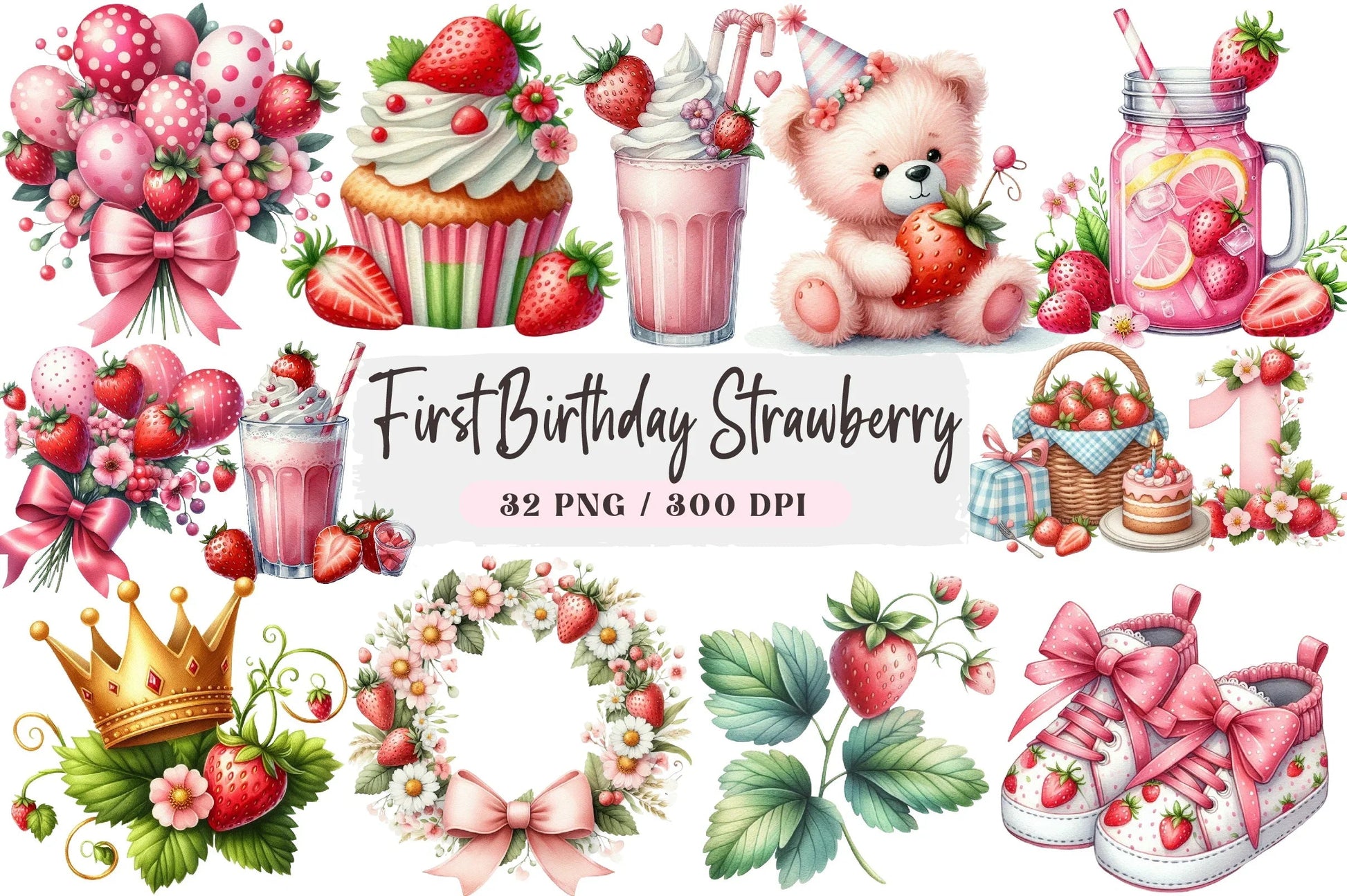 First Birthday Strawberry Clipart Bundle - CraftNest - Digital Crafting and Art