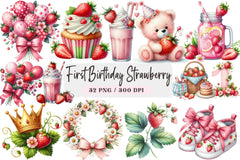 First Birthday Strawberry Clipart Bundle - CraftNest - Digital Crafting and Art