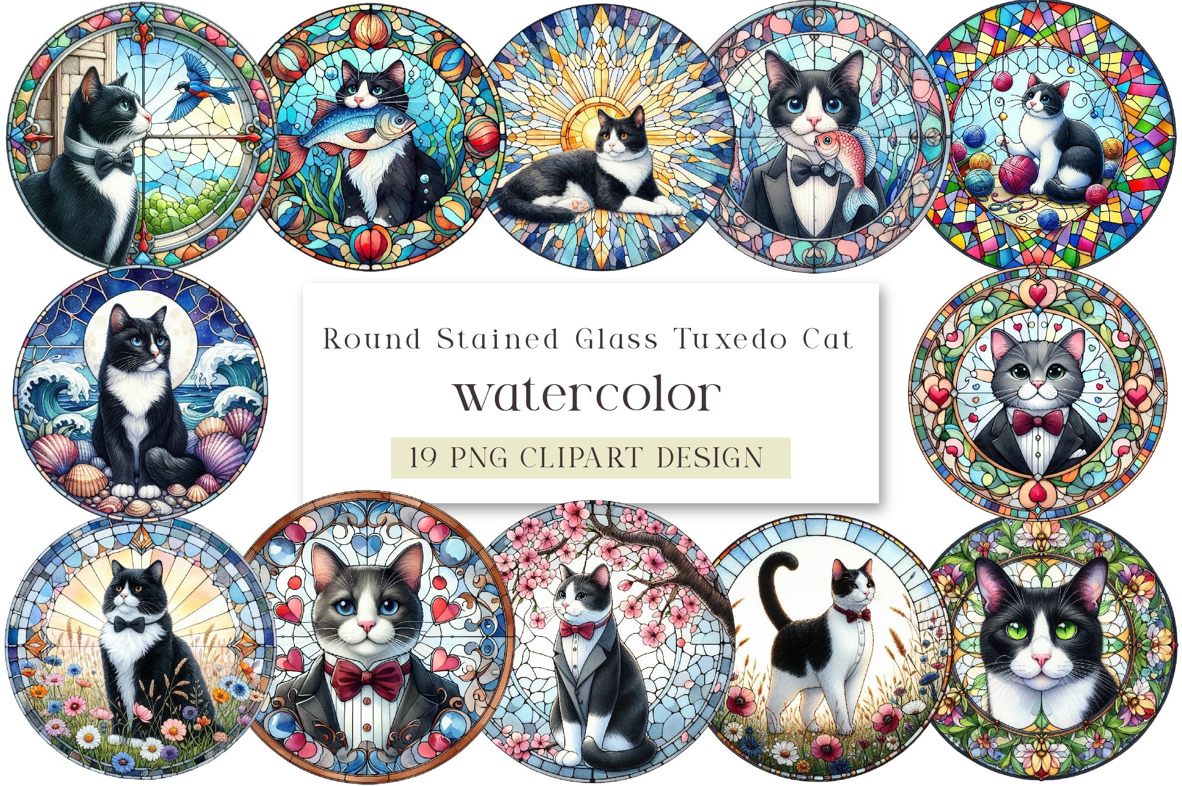 Round Stained Glass Tuxedo Cat Clipart Bundle