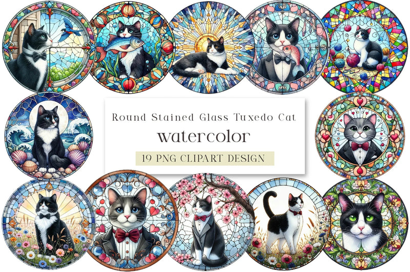 Round Stained Glass Tuxedo Cat Clipart Bundle - CraftNest - Digital Crafting and Art