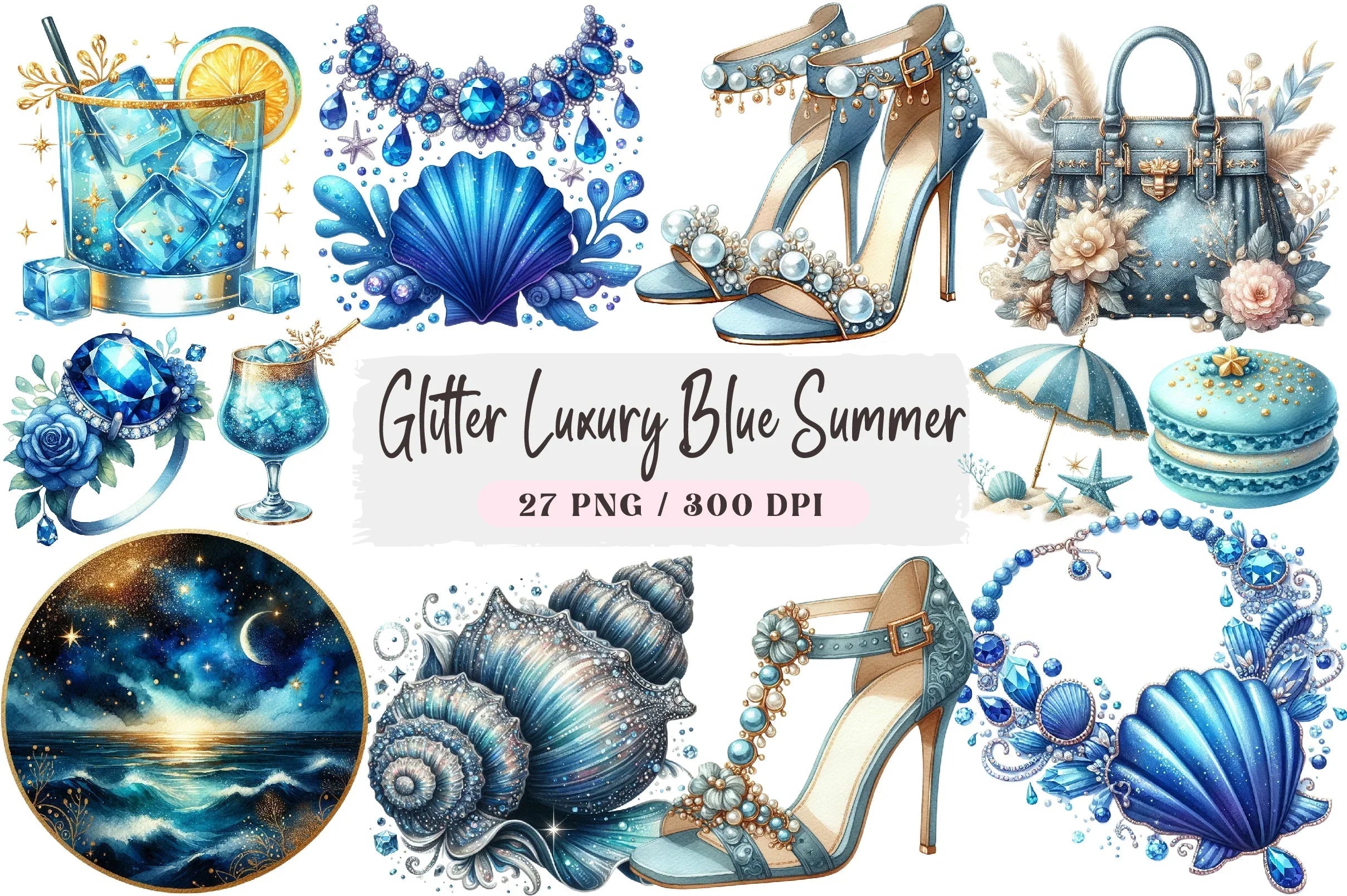 Glitter Luxury Blue Summer Clipart Bundle - CraftNest - Digital Crafting and Art