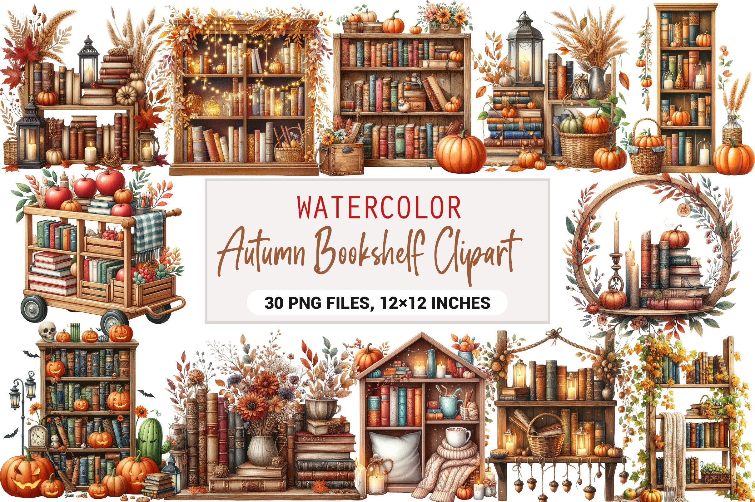 Autumn Bookshelf Clipart Bundle
