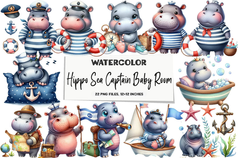 Hippo Sea Captain Baby Room Clipart Bundle - CraftNest - Digital Crafting and Art