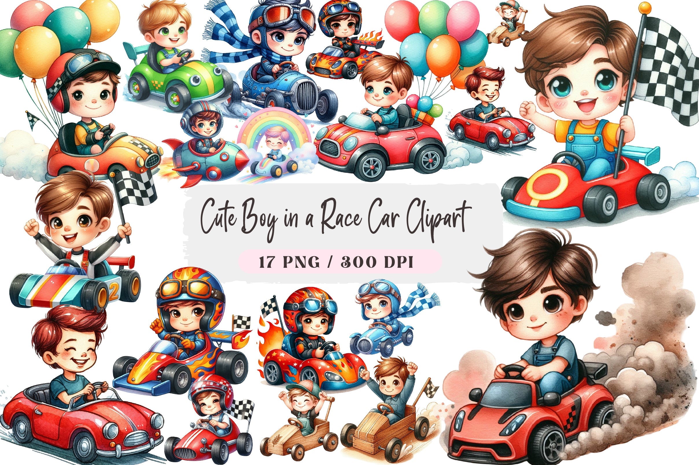 Cute Boy Race Car Clipart Bundle