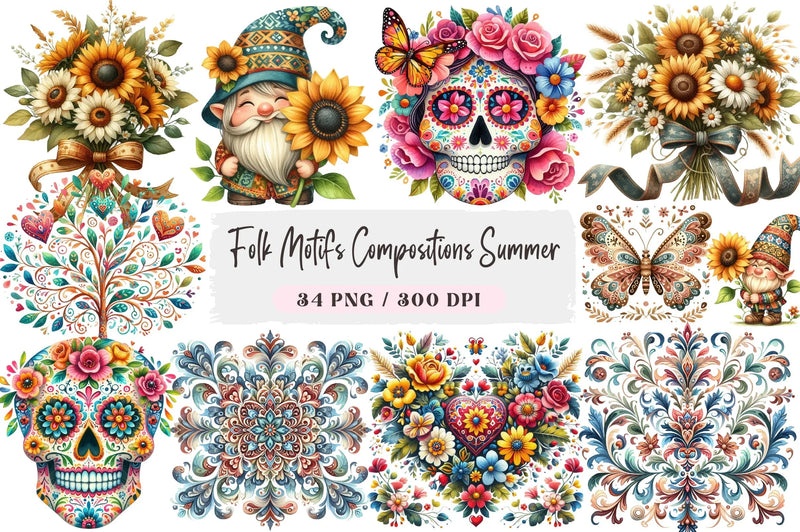 Folk Motifs Summer Clipart Bundle - CraftNest - Digital Crafting and Art