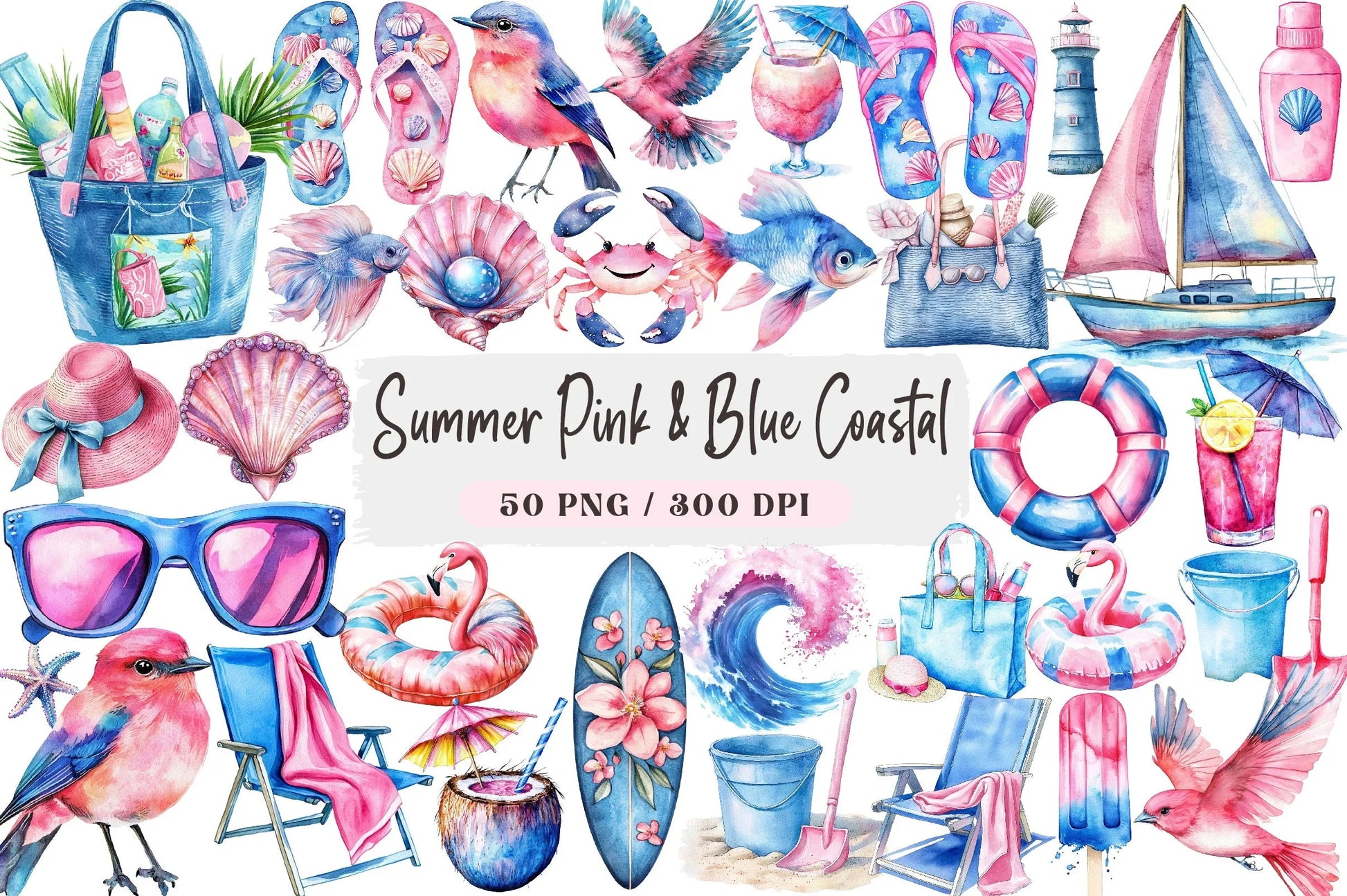 Summer Pink & Blue Coastal Clipart Bundle - CraftNest - Digital Crafting and Art