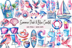 Summer Pink & Blue Coastal Clipart Bundle - CraftNest - Digital Crafting and Art