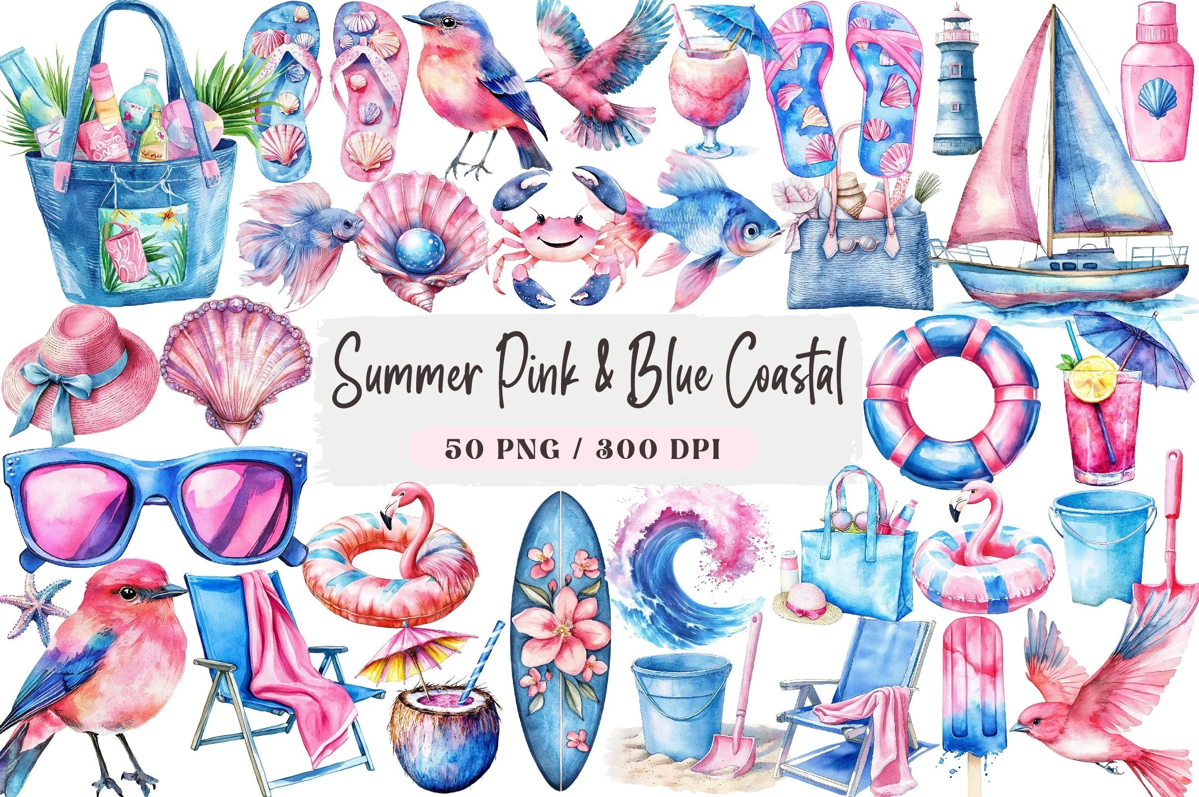 Summer Pink & Blue Coastal Clipart Bundle - CraftNest - Digital Crafting and Art