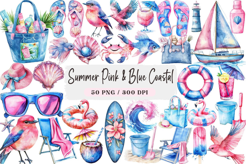 Summer Pink & Blue Coastal Clipart Bundle - CraftNest - Digital Crafting and Art