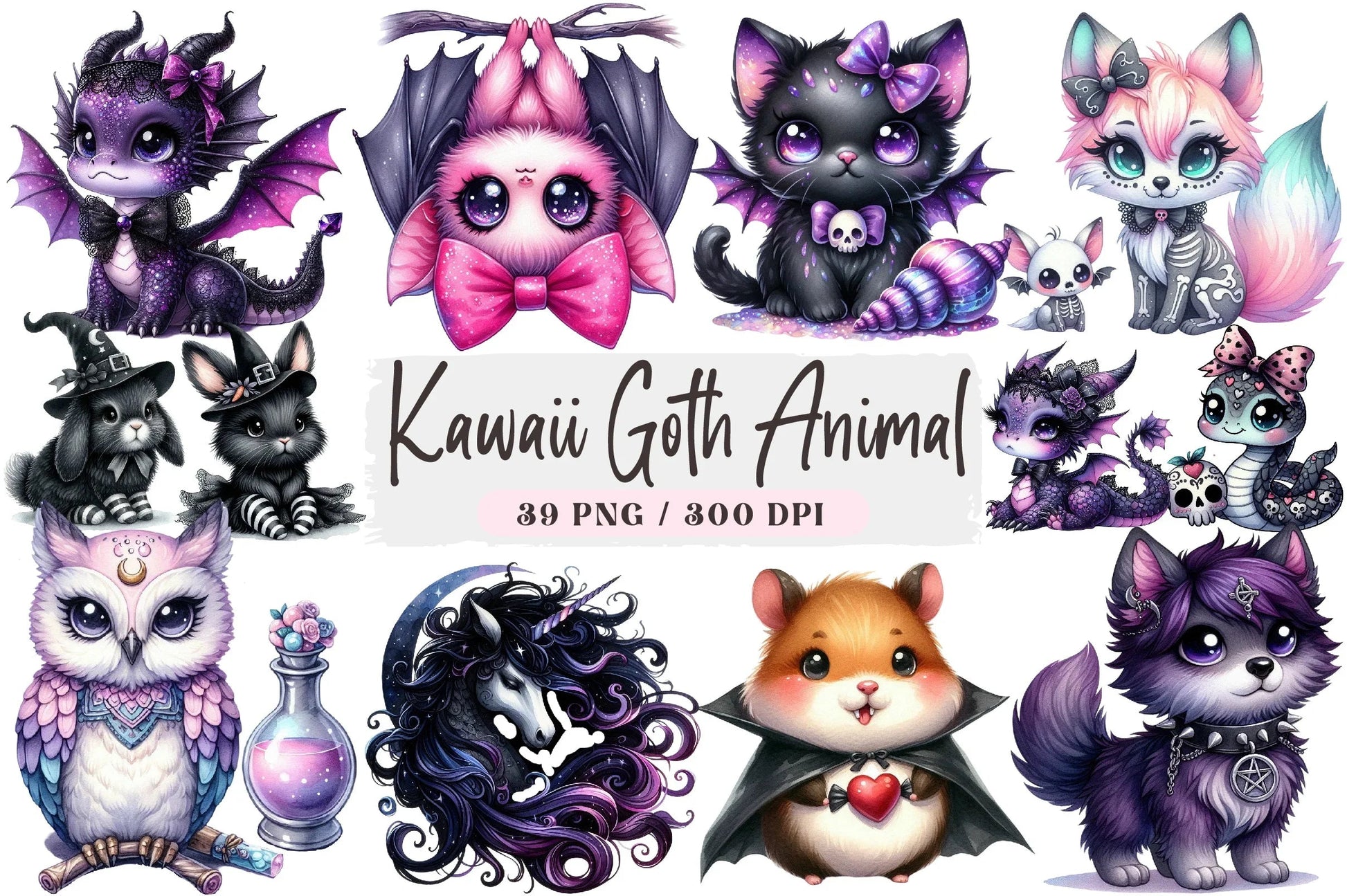 Kawaii Goth Animal Clipart Bundle - CraftNest - Digital Crafting and Art