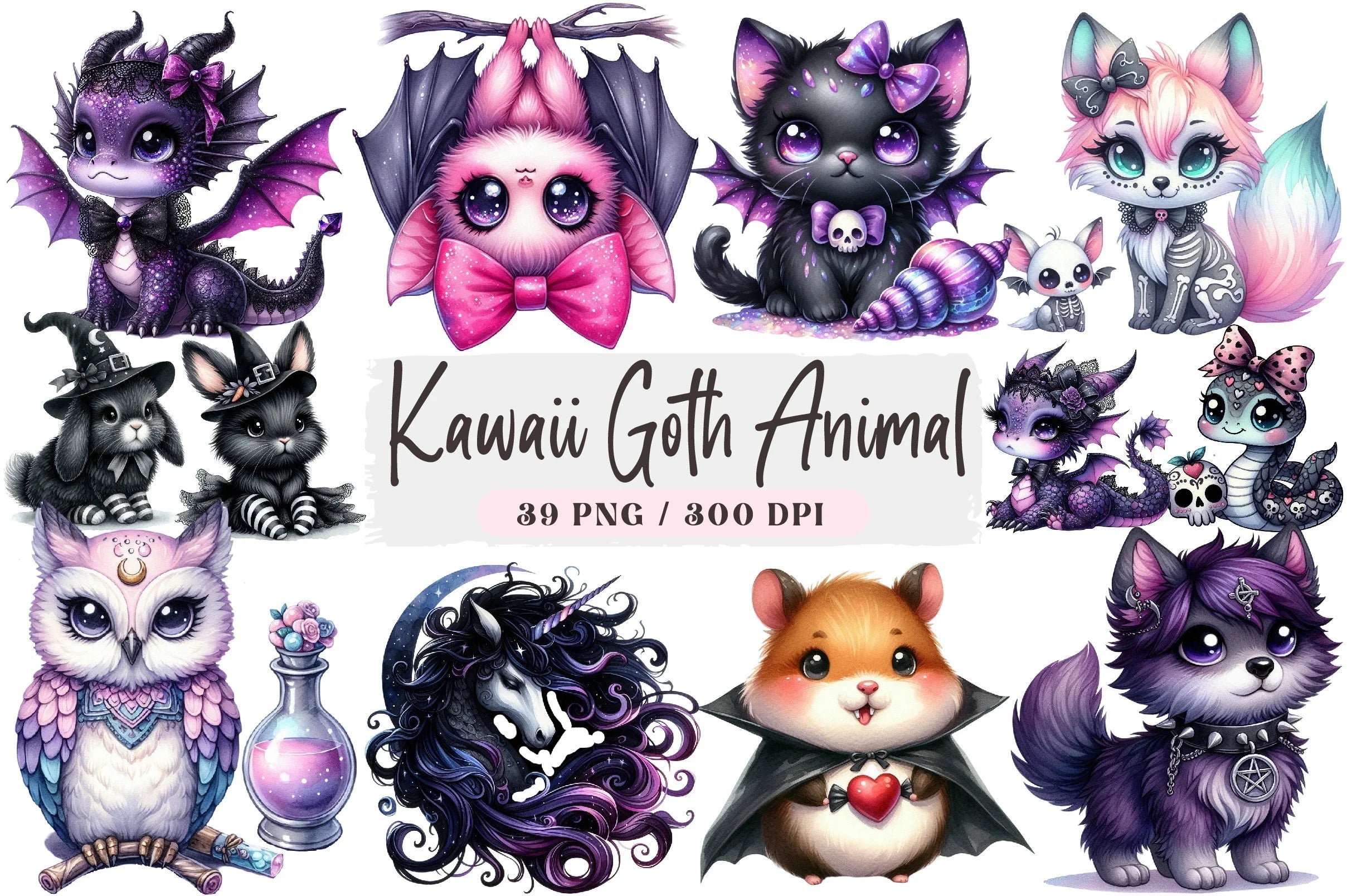 Kawaii Goth Animal Clipart Bundle - CraftNest - Digital Crafting and Art