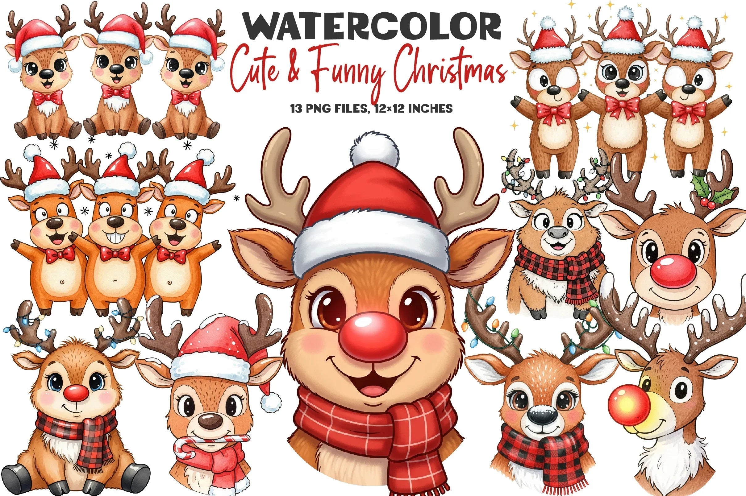 Cute & Funny Christmas Reindeer Clipart Bundle - CraftNest - Digital Crafting and Art