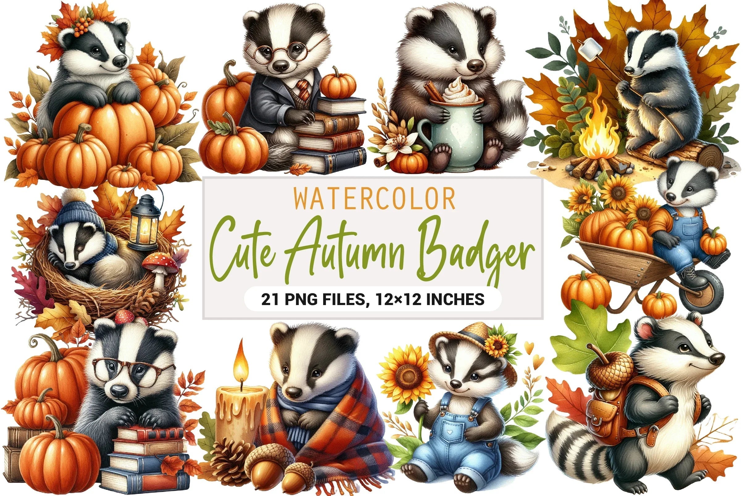 Cute Autumn Badger Clipart Bundle - CraftNest - Digital Crafting and Art