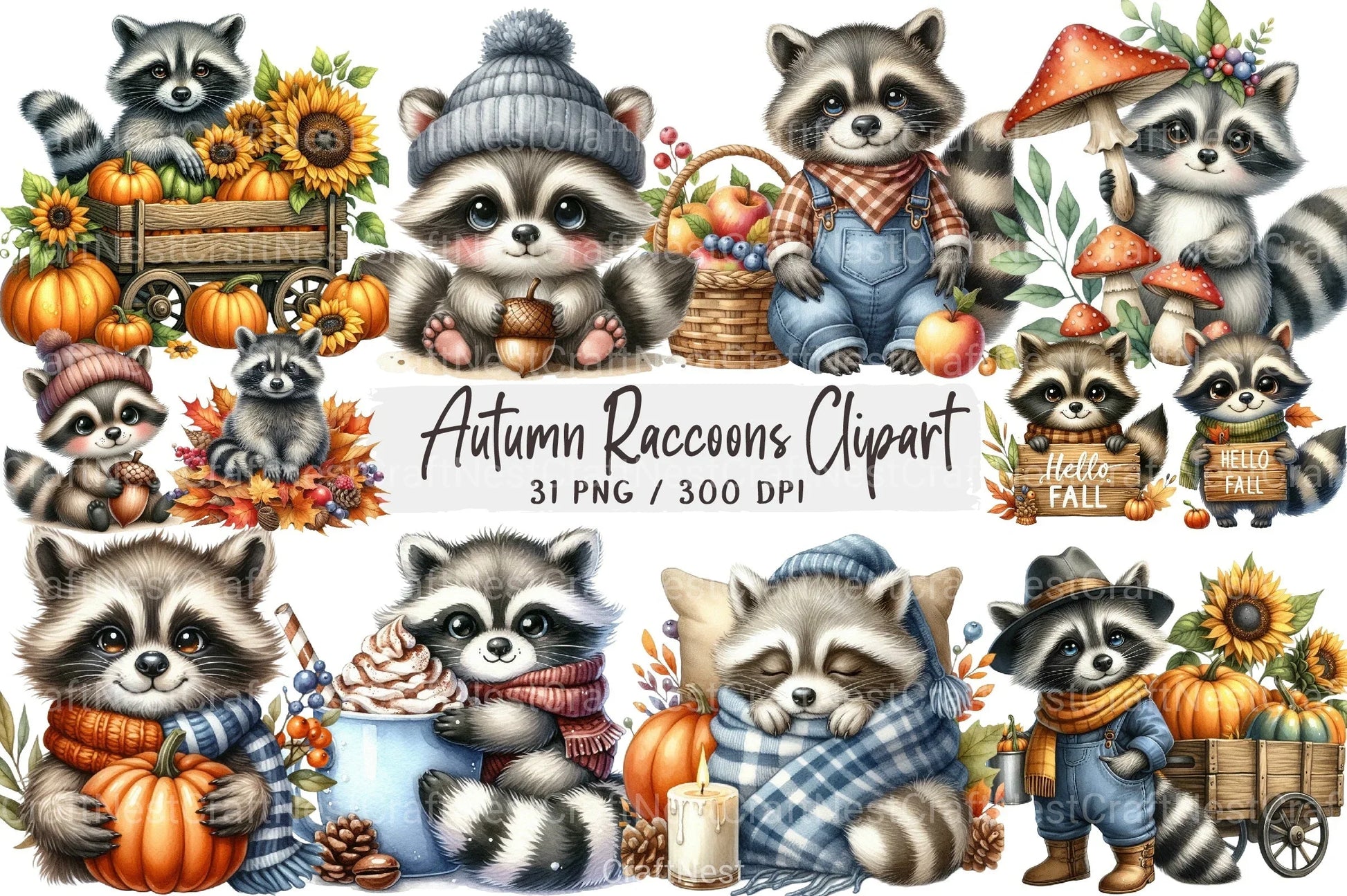 Autumn Raccoons Clipart Bundle 88 - CraftNest - Digital Crafting and Art