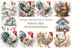 Vintage Spring Floral Chicken Clipart Bundle - CraftNest - Digital Crafting and Art