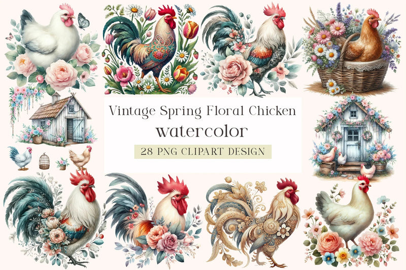Vintage Spring Floral Chicken Clipart Bundle - CraftNest - Digital Crafting and Art