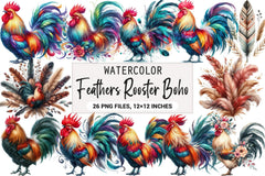 Boho Rooster Colored Feathers Clipart Bundle - CraftNest - Digital Crafting and Art