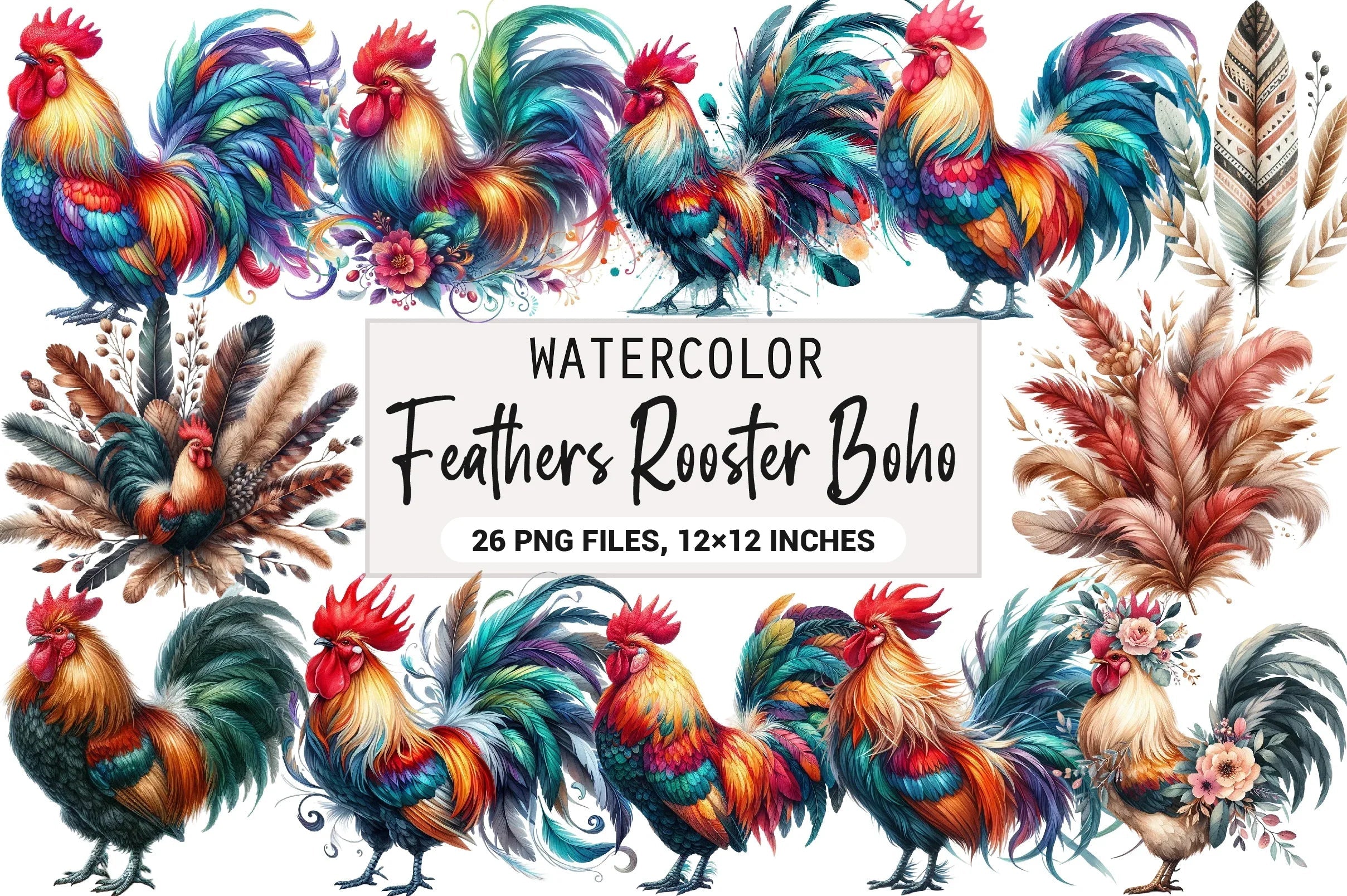 Boho Rooster Colored Feathers Clipart Bundle - CraftNest - Digital Crafting and Art