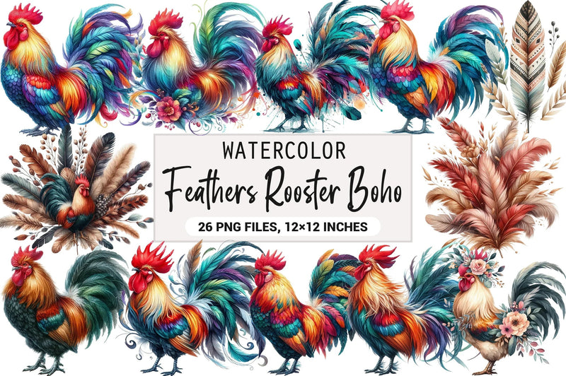 Boho Rooster Colored Feathers Clipart Bundle - CraftNest - Digital Crafting and Art