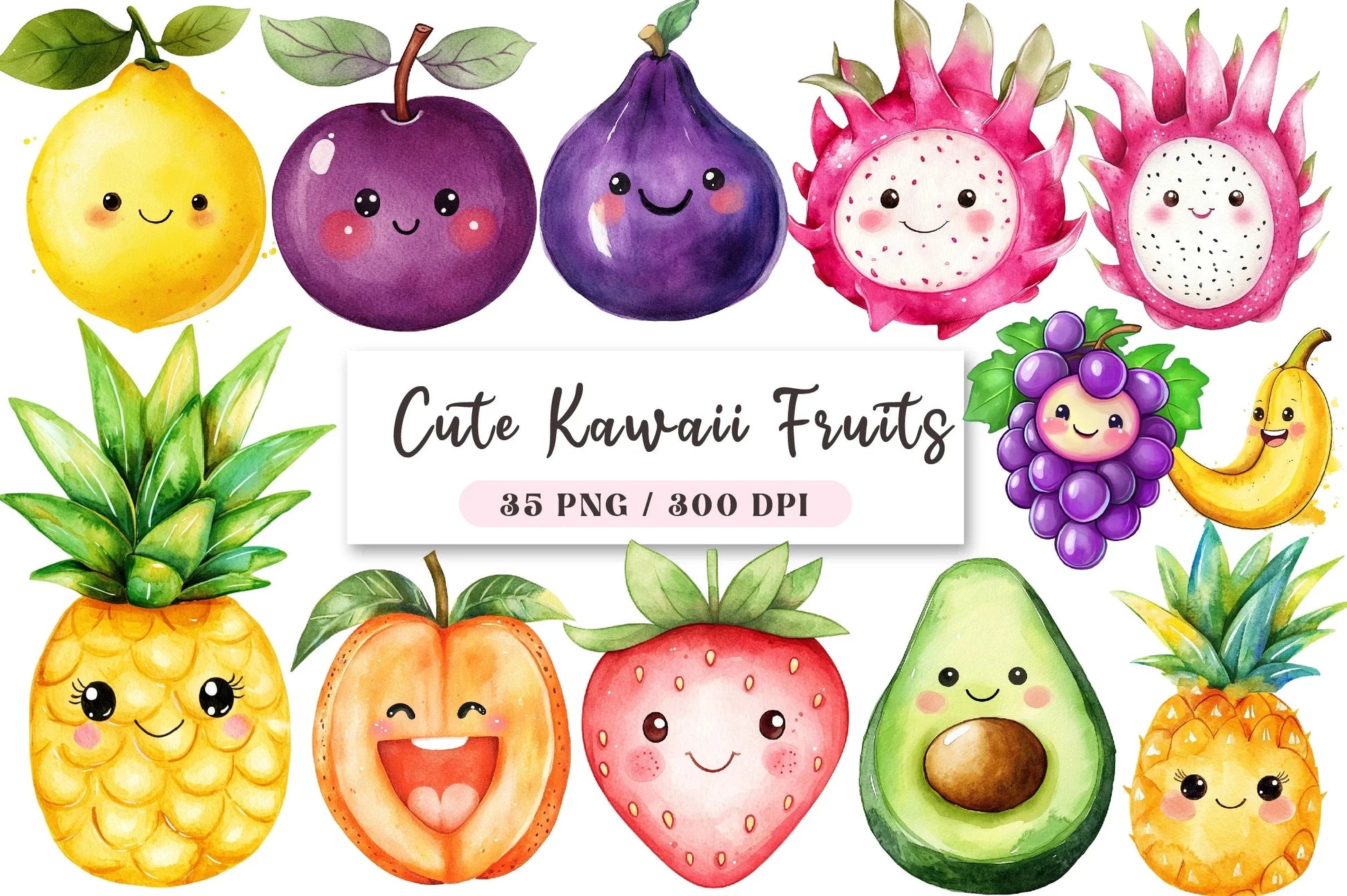 Cute Kawaii Fruits Clipart Bundle - CraftNest - Digital Crafting and Art