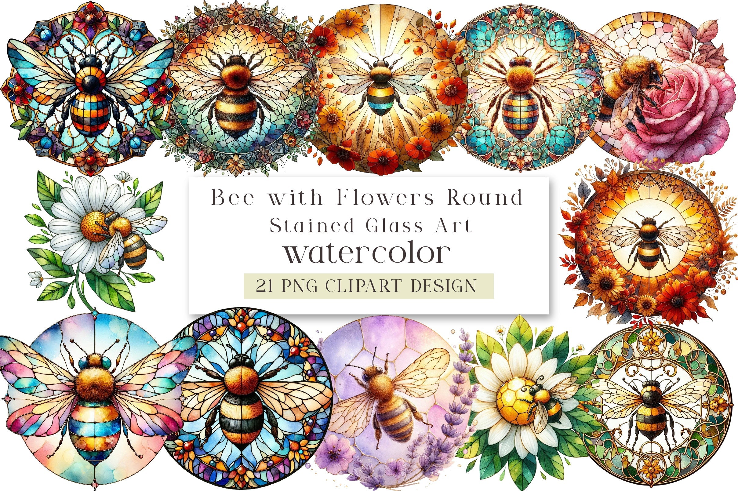 Bee and Flowers Stained Glass Art Clipart Bundle