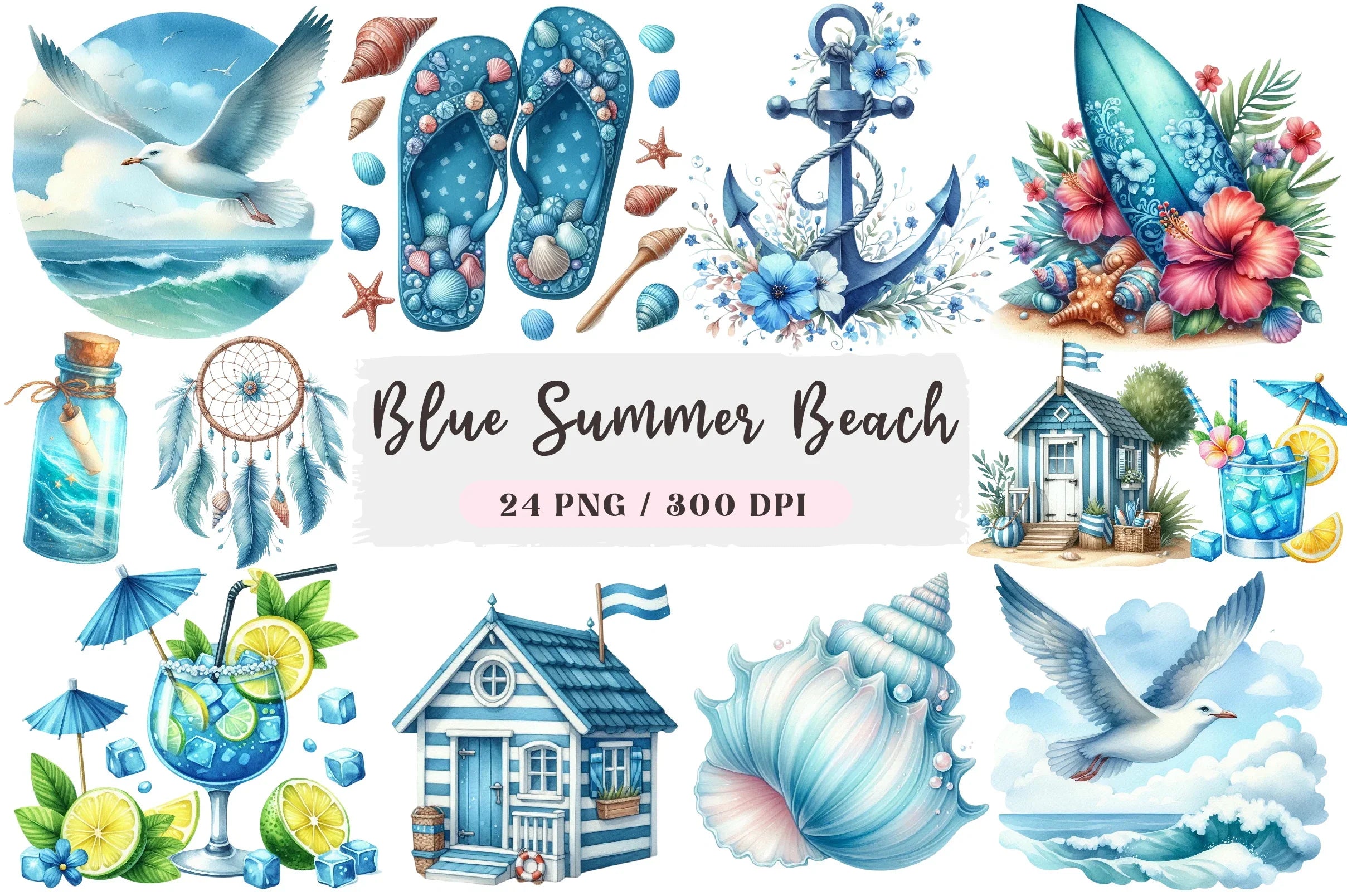 Blue Summer Beach Clipart Bundle - CraftNest - Digital Crafting and Art