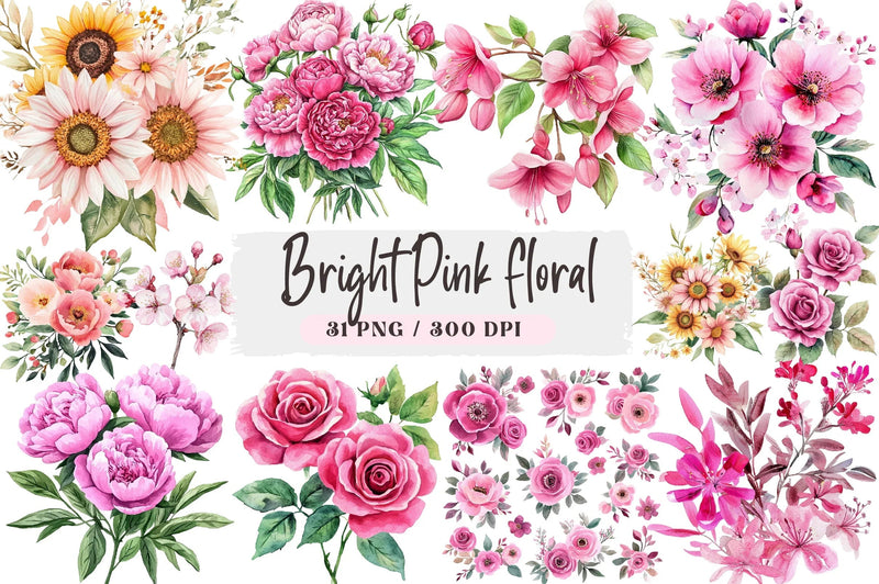Bright Pink Floral Clipart Bundle - CraftNest - Digital Crafting and Art