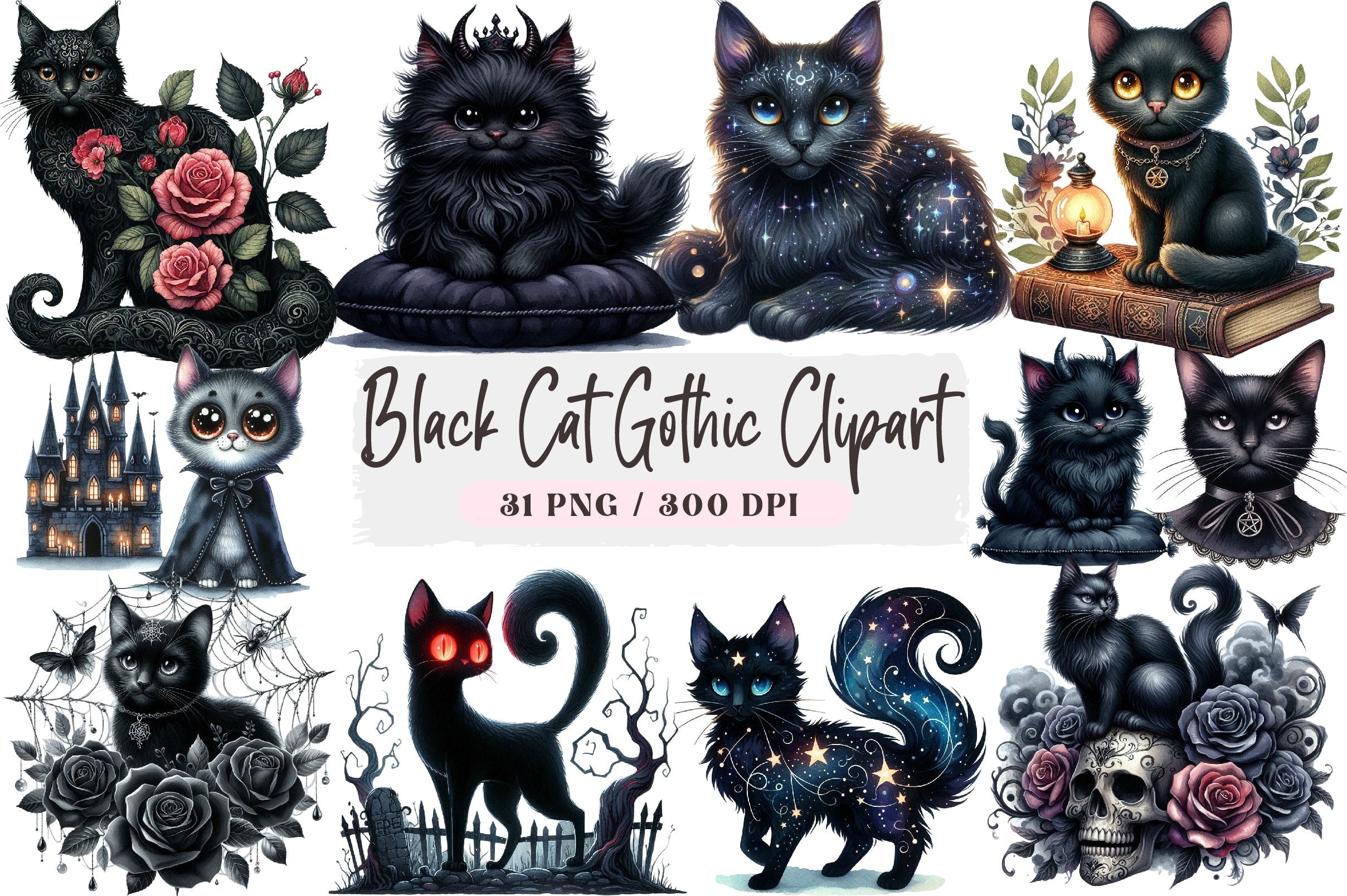 Black Cat Gothic Clipart Bundle