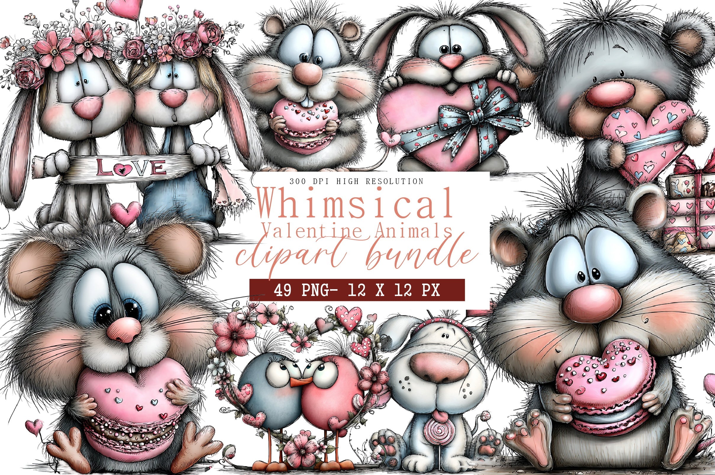 Whimsical Valentine Animals Clipart Bundle