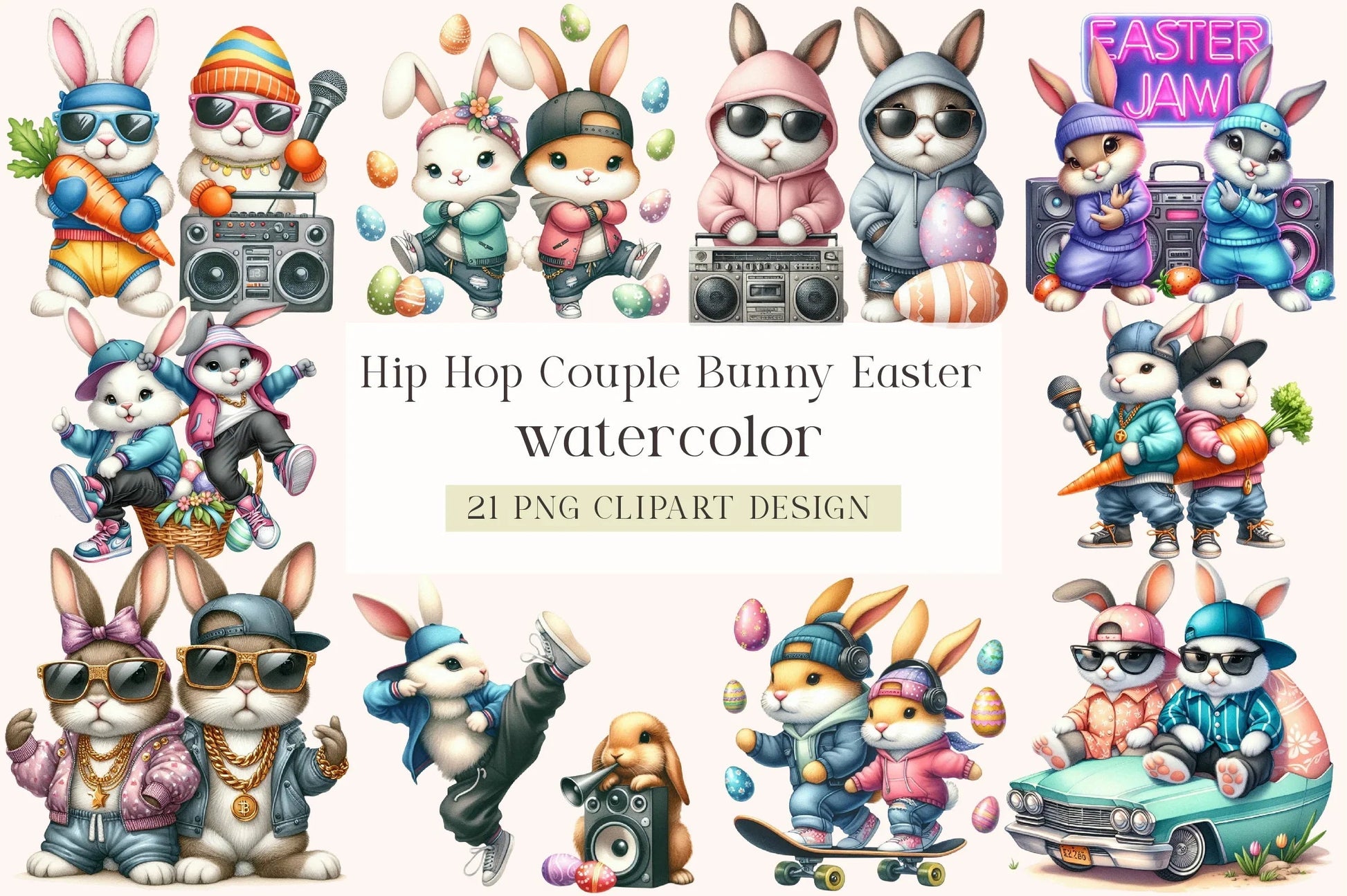 Hip Hop Couple Bunny Easter Clipart Bundle - CraftNest - Digital Crafting and Art