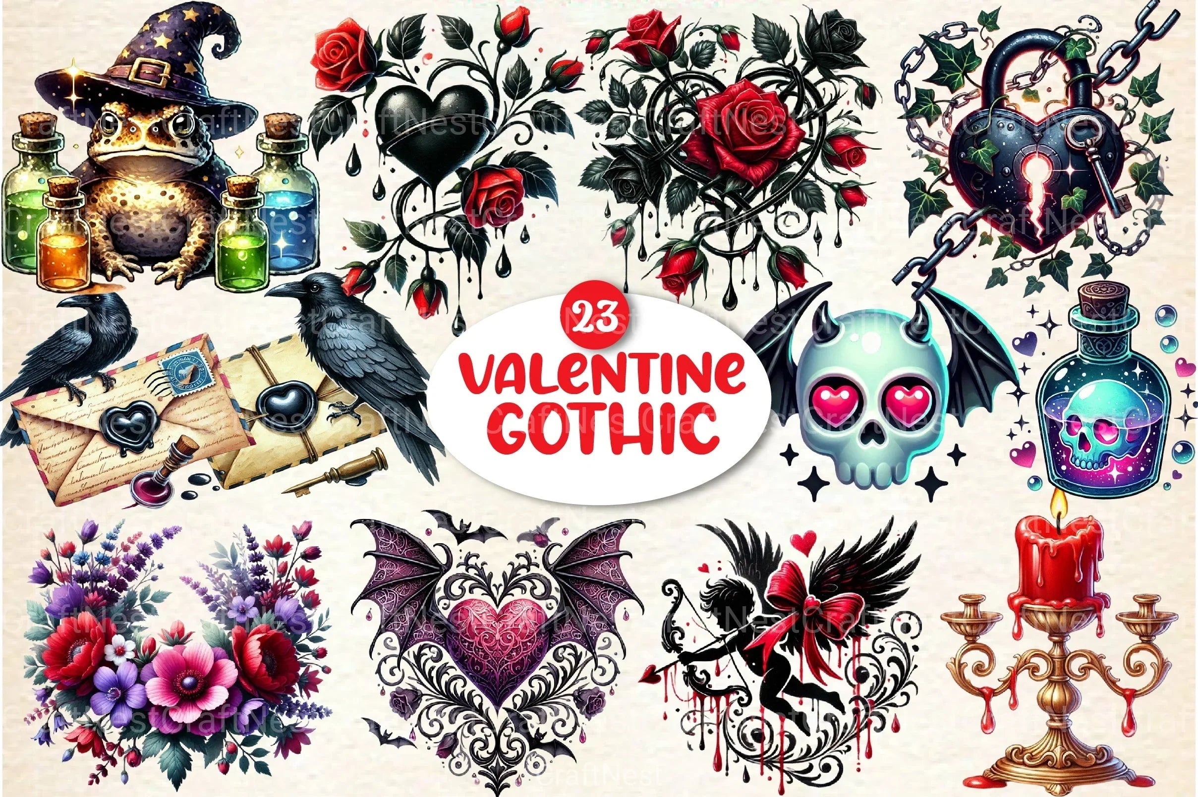 Gothic Valentine's Day Clipart Bundle 5 - CraftNest - Digital Crafting and Art