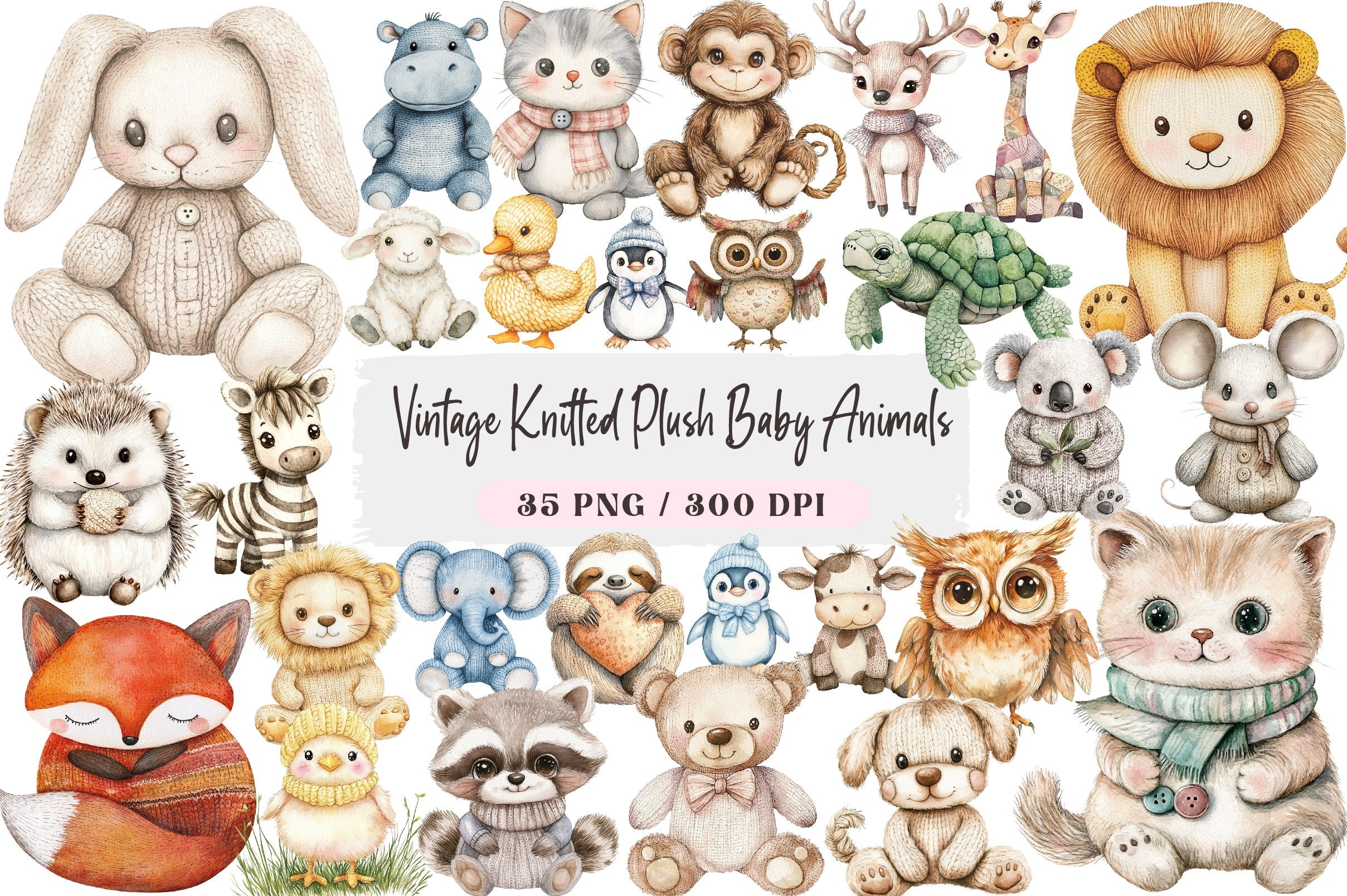 Vintage Knitted Plush Baby Animals Clipart Bundle