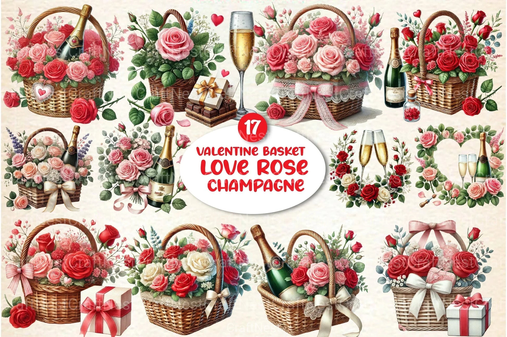 Valentine's Basket Love Rose Champagne Clipart Bundle - CraftNest - Digital Crafting and Art