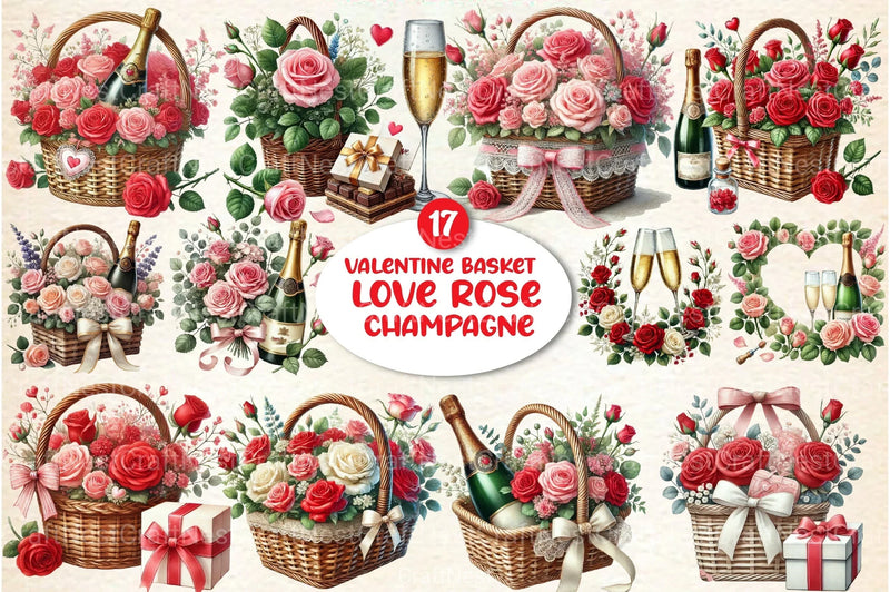 Valentine's Basket Love Rose Champagne Clipart Bundle - CraftNest - Digital Crafting and Art