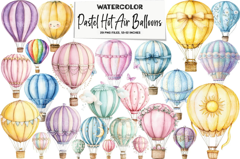 Pastel Hot Air Balloons Clipart Bundle - CraftNest - Digital Crafting and Art