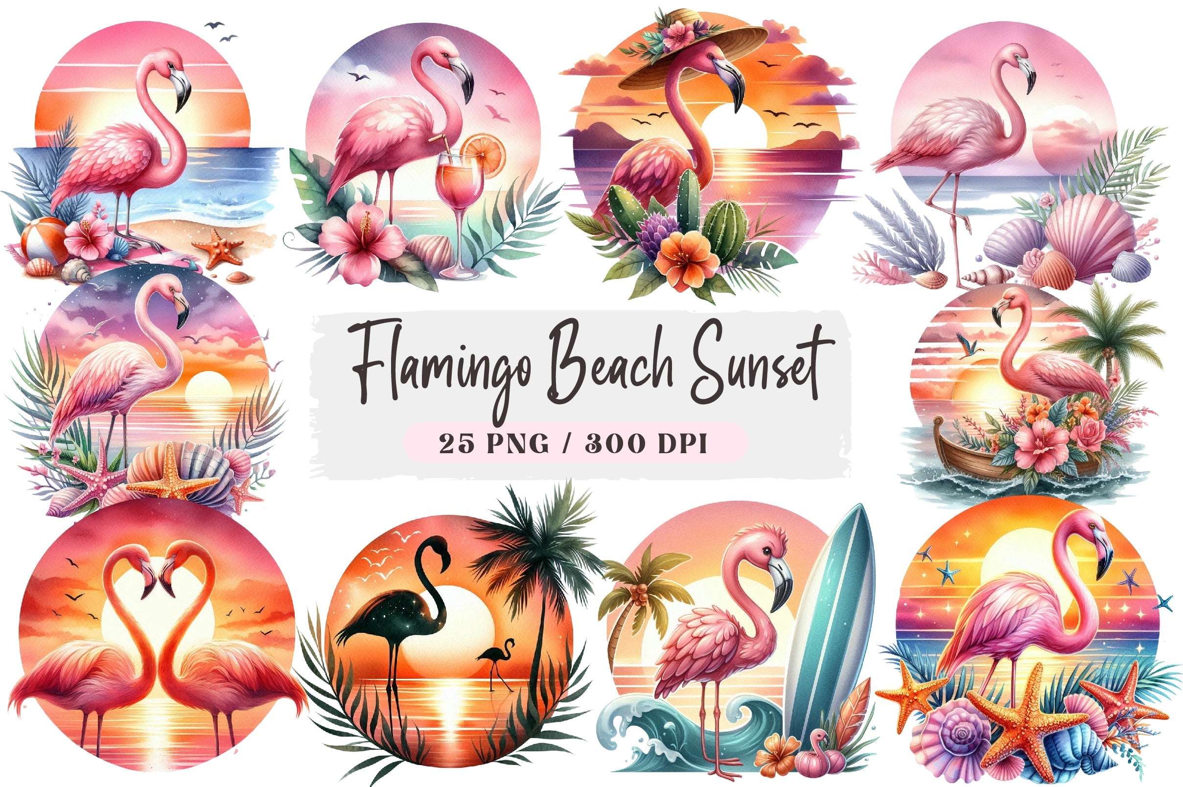 Flamingo Beach Sunset Clipart Bundle