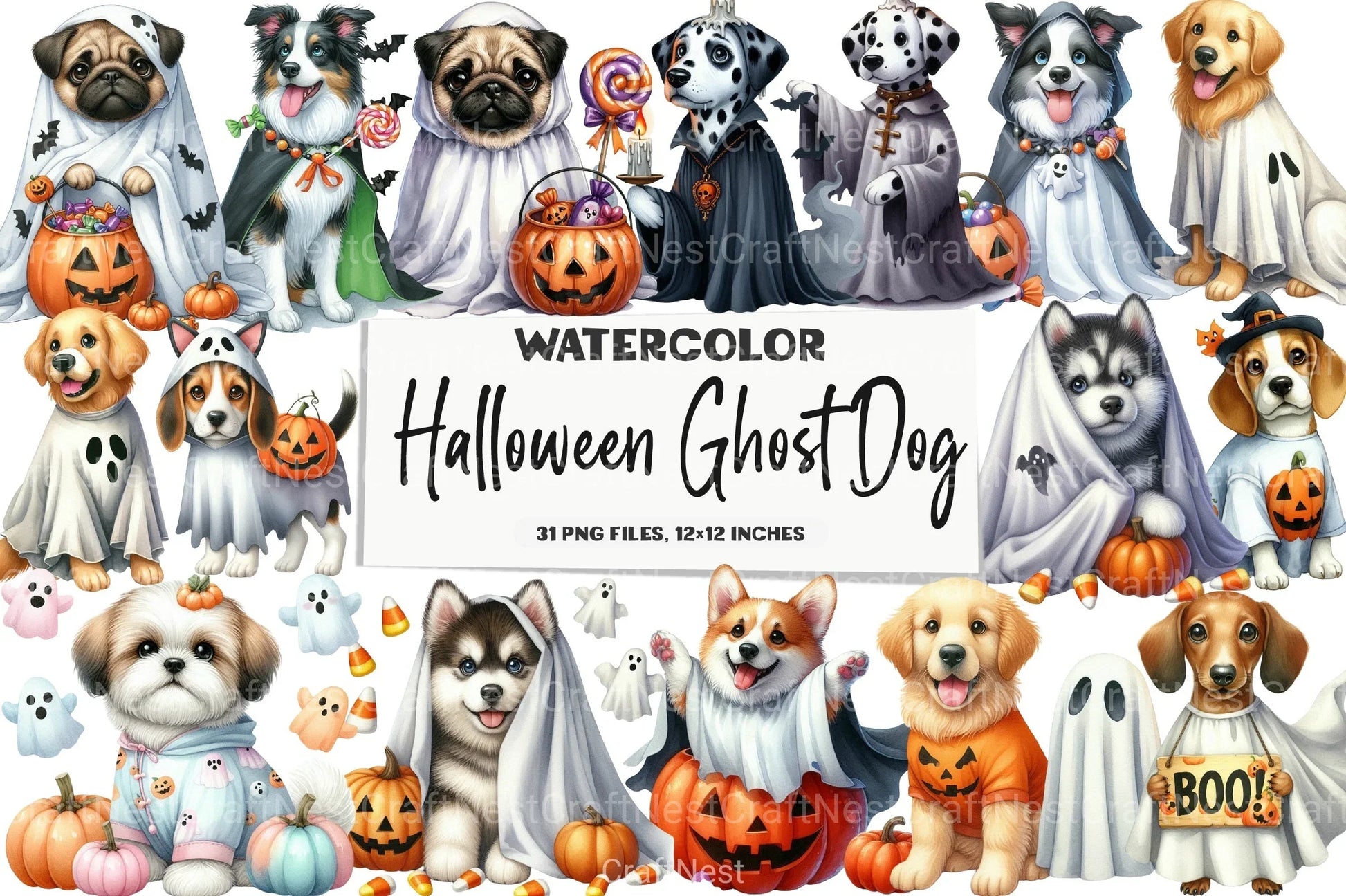 Halloween Ghost Dog Clipart Bundle - CraftNest - Digital Crafting and Art
