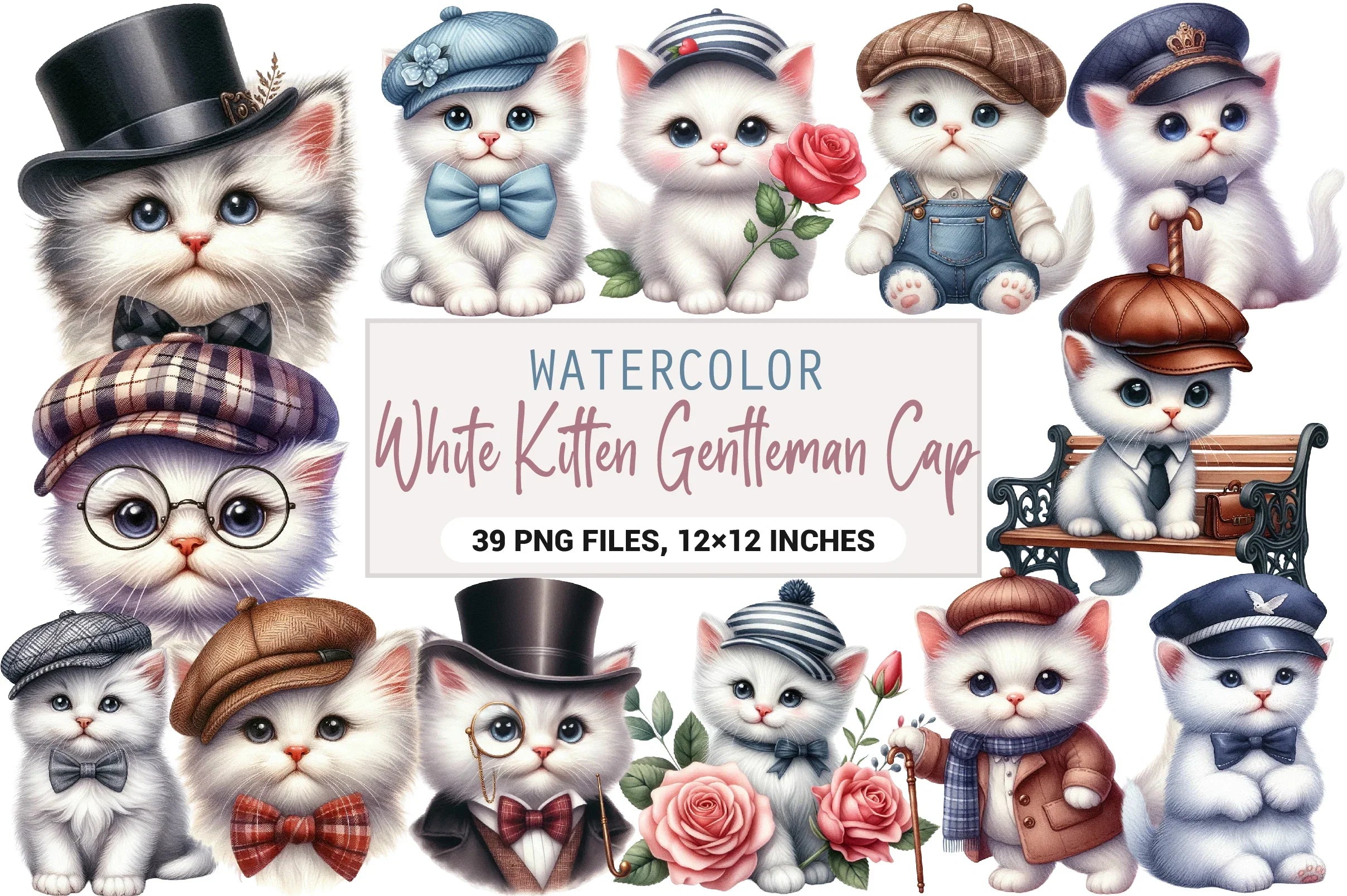 White Kitten Gentleman Cap Clipart Bundle - CraftNest - Digital Crafting and Art