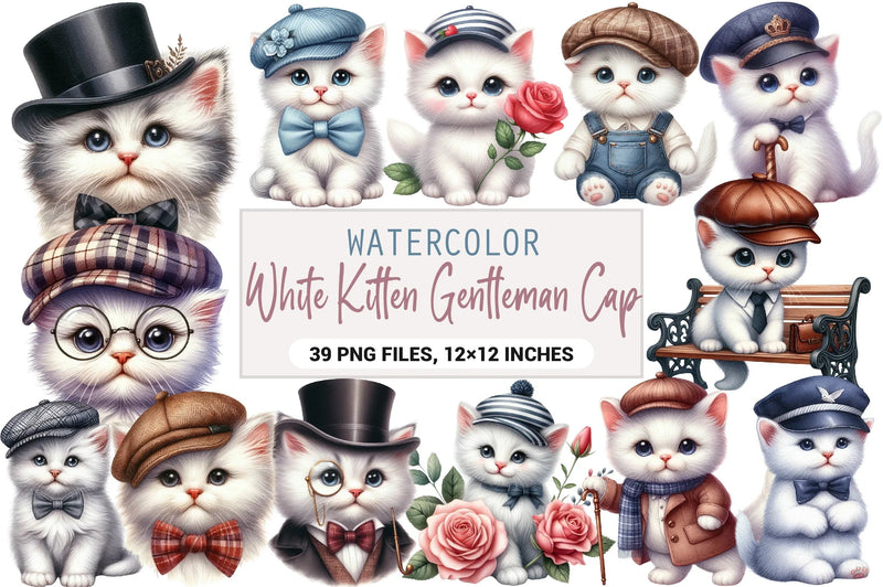 White Kitten Gentleman Cap Clipart Bundle - CraftNest - Digital Crafting and Art