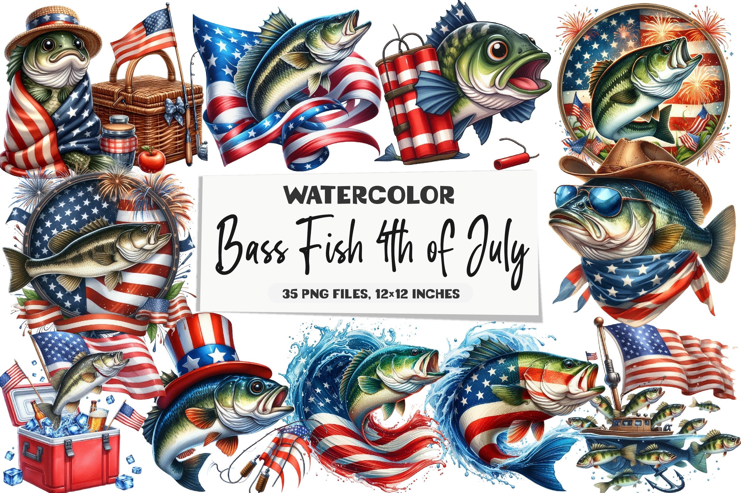 4th of July Bass Fish Clipart Bundle