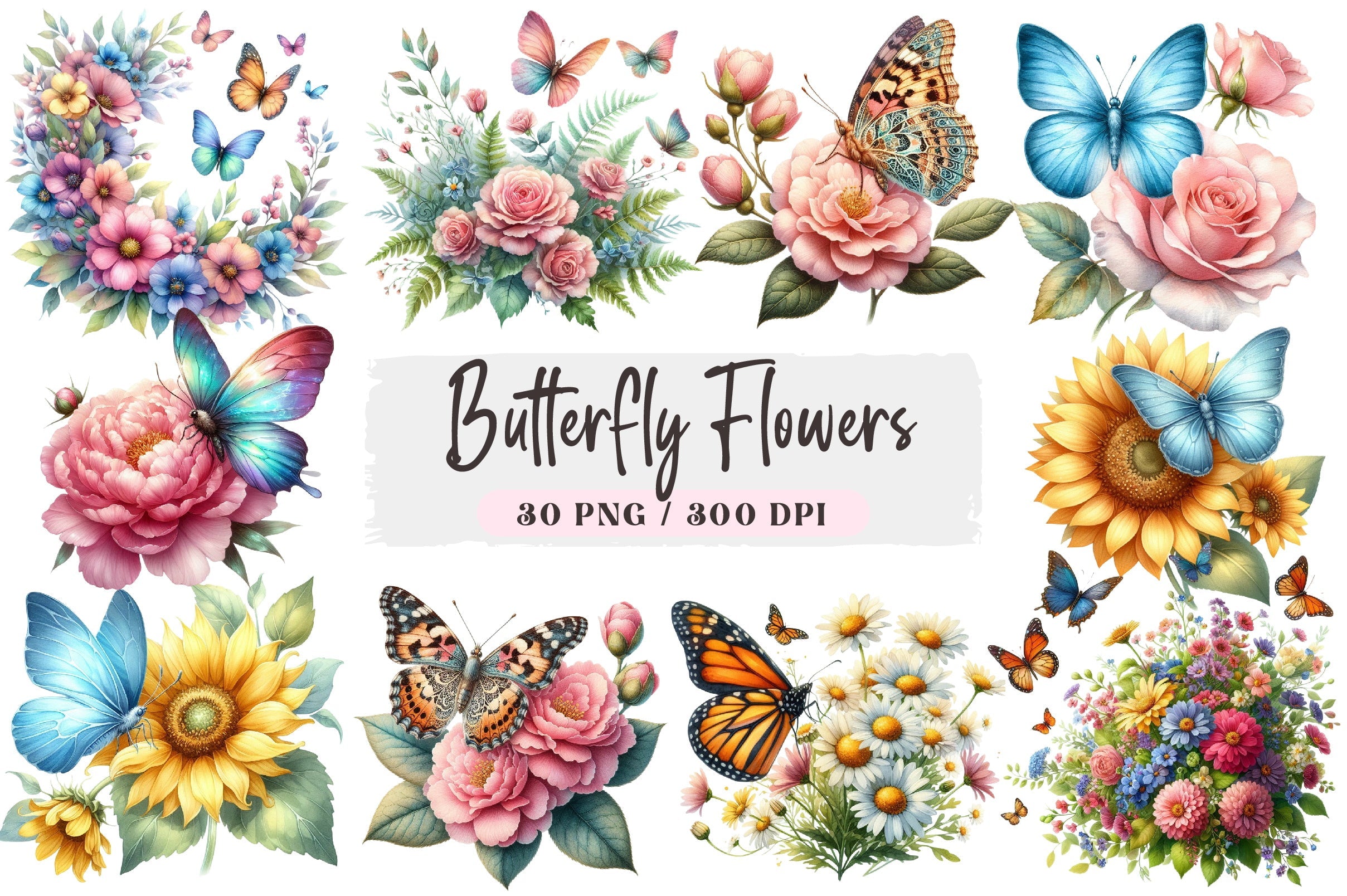 Butterfly Flowers Clipart Bundle