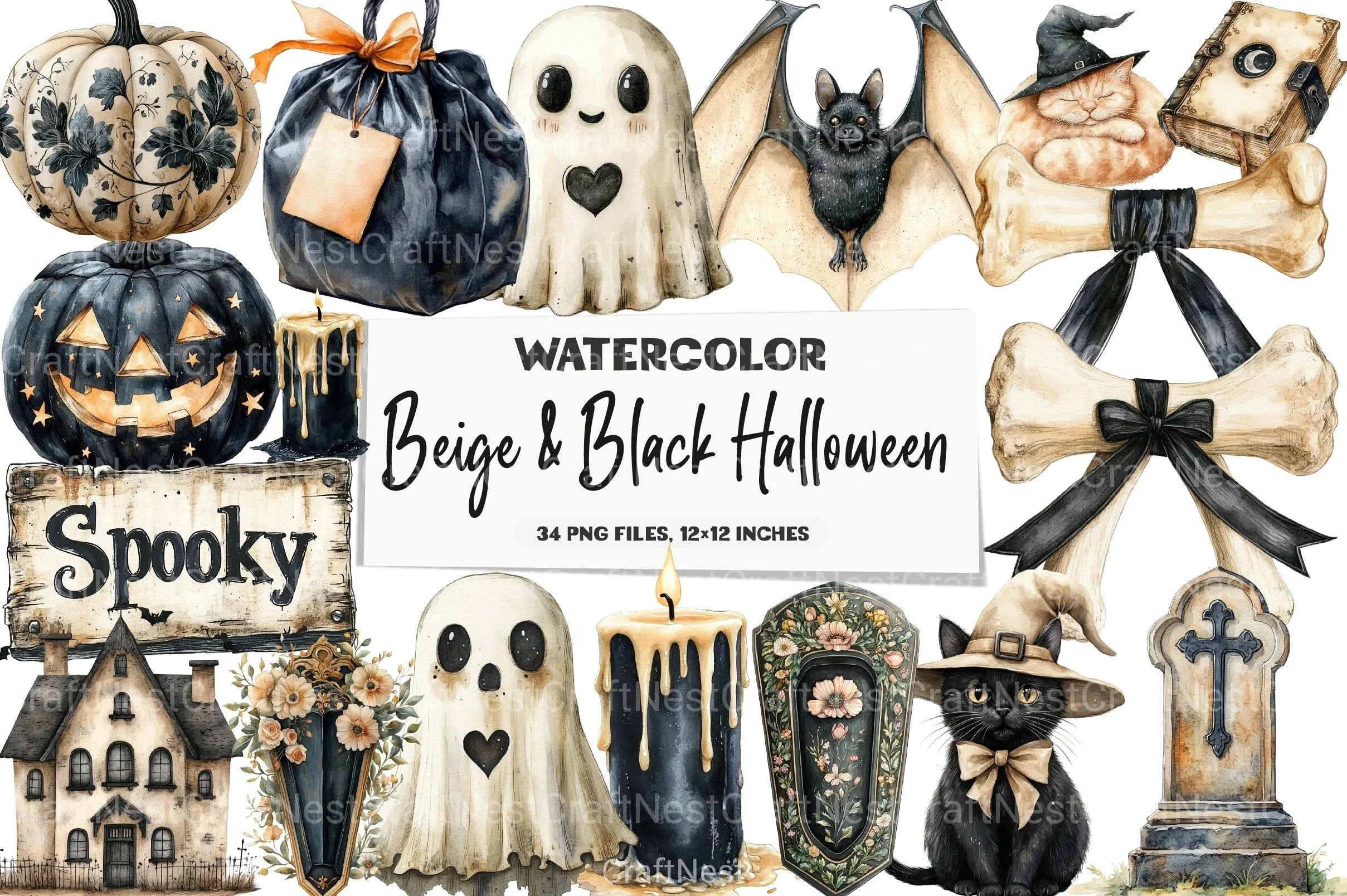 Beige & Black Halloween Clipart Bundle 3 - CraftNest - Digital Crafting and Art