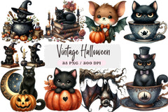 Vintage Halloween Cats and Bats Clipart Bundle - CraftNest - Digital Crafting and Art