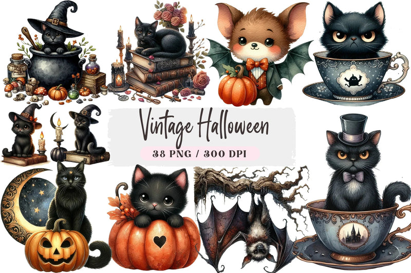 Vintage Halloween Cats and Bats Clipart Bundle - CraftNest - Digital Crafting and Art