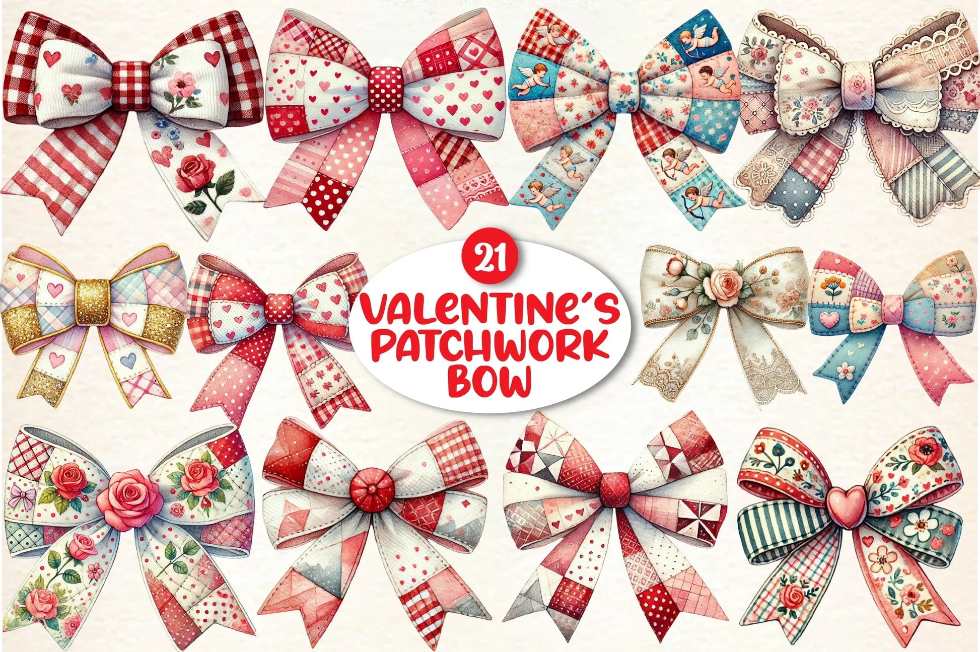Patchwork Valentine's Day Bow Clipart Bundle - CraftNest - Digital Crafting and Art